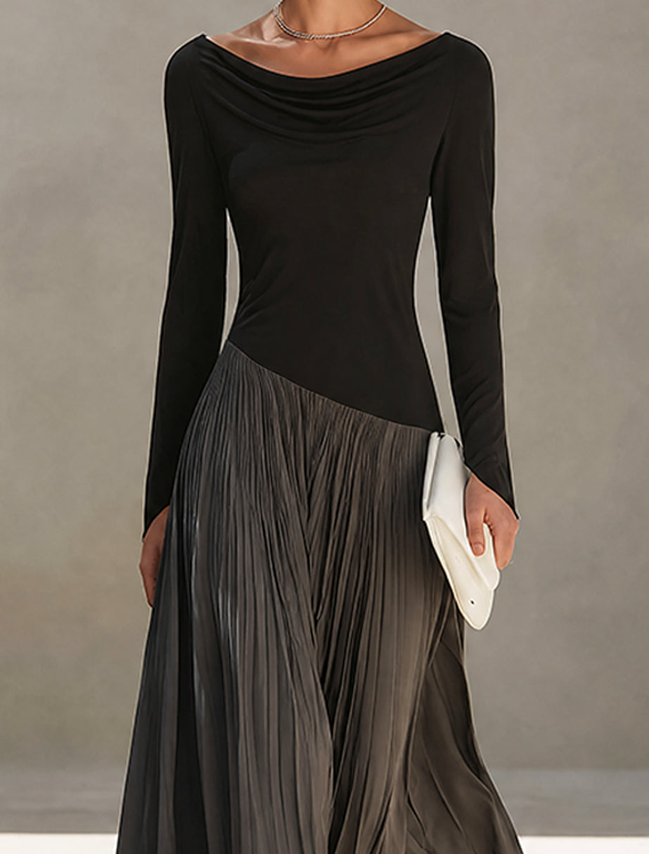 Marina | Abito Maxi Plissettato con Collo Drappeggiato Bicolore Nero e Grigio