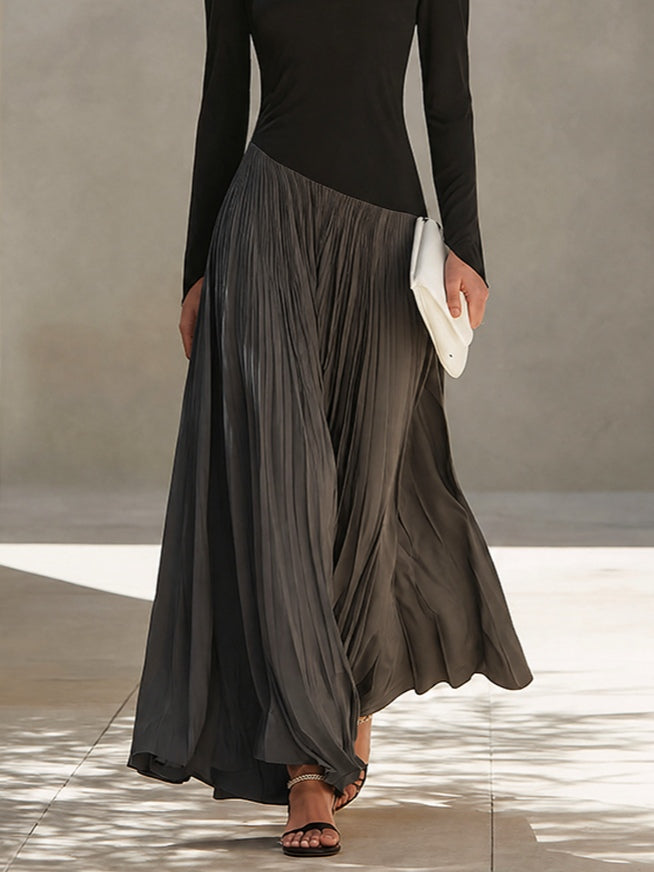 Marina | Abito Maxi Plissettato con Collo Drappeggiato Bicolore Nero e Grigio