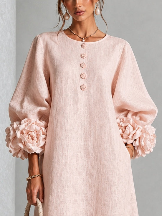 Vestido midi floral rosa con botones y mangas extravagantes
