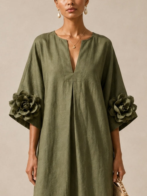 Graziella | Abito Midi Verde Oliva con Scollo a V e Maniche Floreali Stravaganti