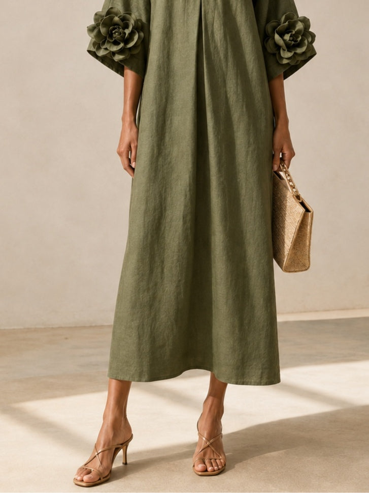 Graziella | Abito Midi Verde Oliva con Scollo a V e Maniche Floreali Stravaganti