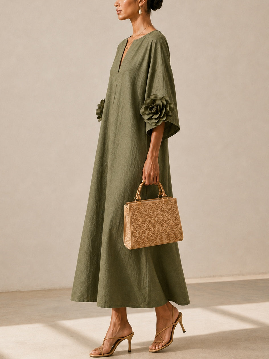 Graziella | Abito Midi Verde Oliva con Scollo a V e Maniche Floreali Stravaganti