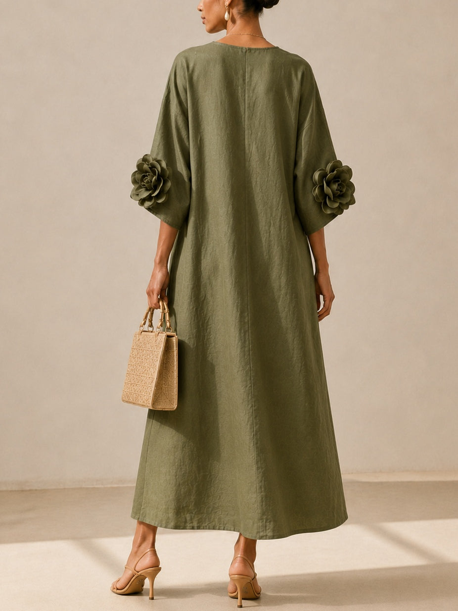 Graziella | Abito Midi Verde Oliva con Scollo a V e Maniche Floreali Stravaganti
