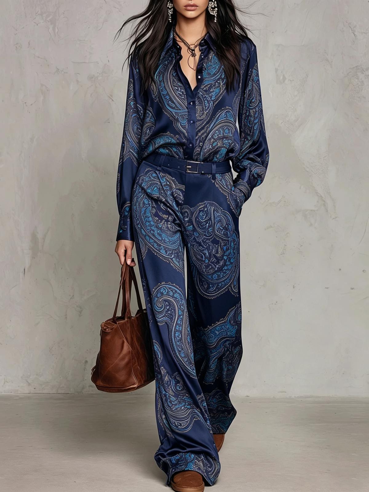 Doriana | Completo di Camicia a Maniche Lunghe in Satin con Stampa Paisley Borgogna-Porpora e Pantaloni a Gamba Larga