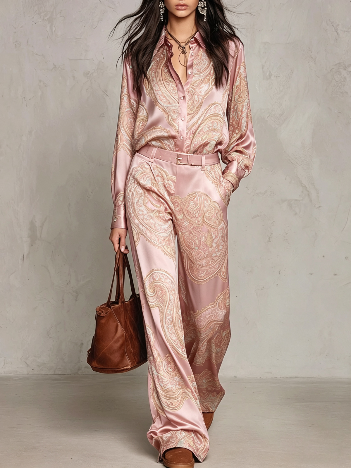 Completo di Camicia a Maniche Lunghe in Satin con Stampa Rosa e Pantaloni a Gamba Larga