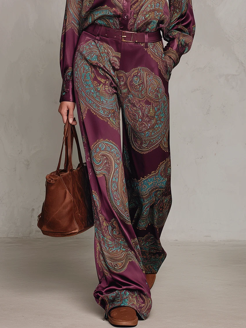 Doriana | Completo di Camicia a Maniche Lunghe in Satin con Stampa Paisley Borgogna-Porpora e Pantaloni a Gamba Larga