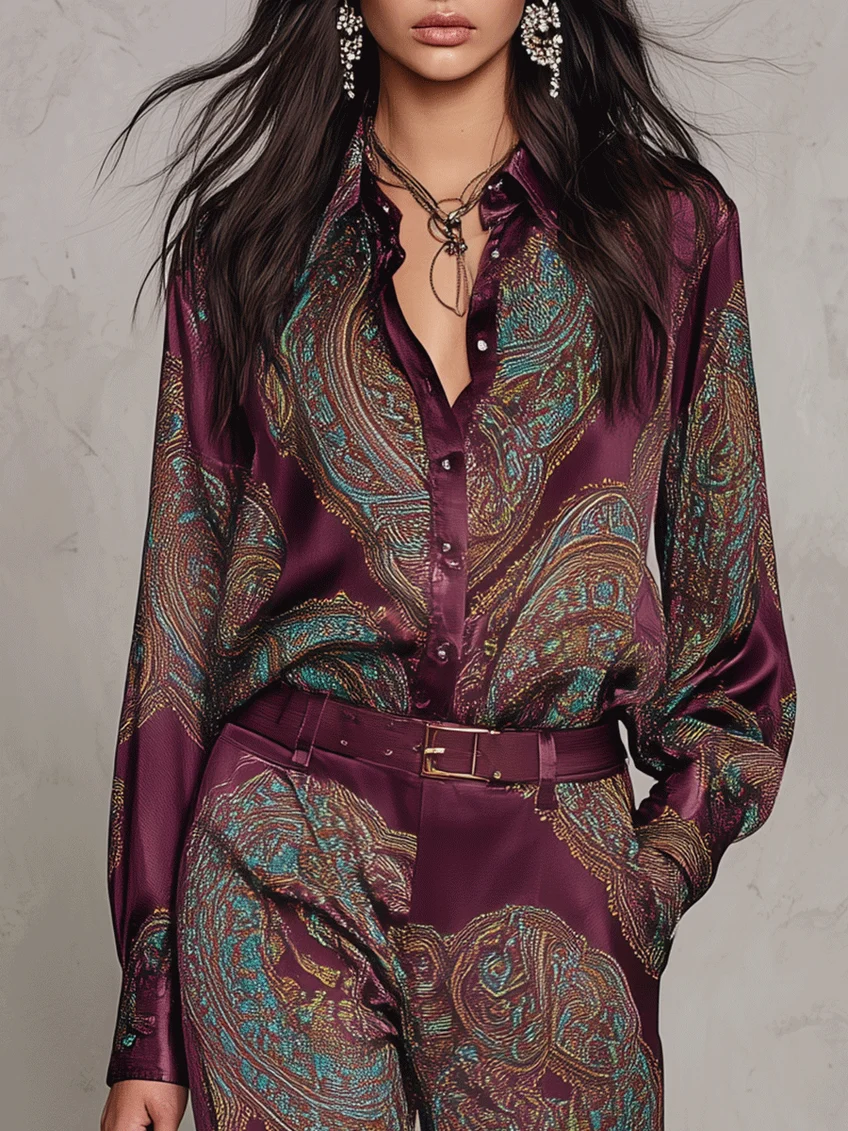 Doriana | Completo di Camicia a Maniche Lunghe in Satin con Stampa Paisley Borgogna-Porpora e Pantaloni a Gamba Larga