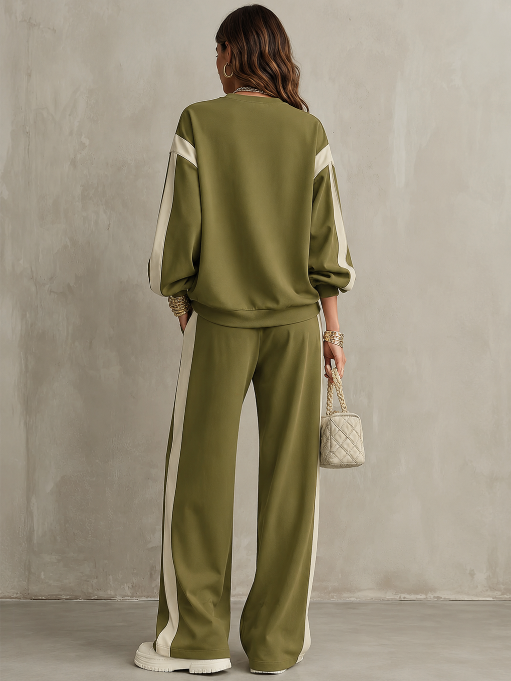 Sonia | Olive Green Crew Neck Sweatshirt and Wide-Leg Drawstring Trousers Casual Set