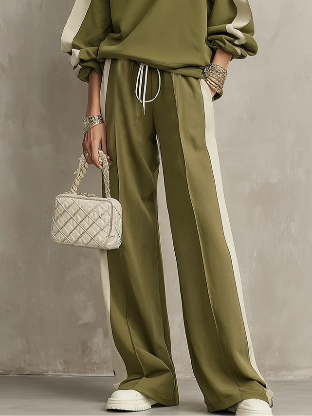 Sonia | Olive Green Crew Neck Sweatshirt and Wide-Leg Drawstring Trousers Casual Set
