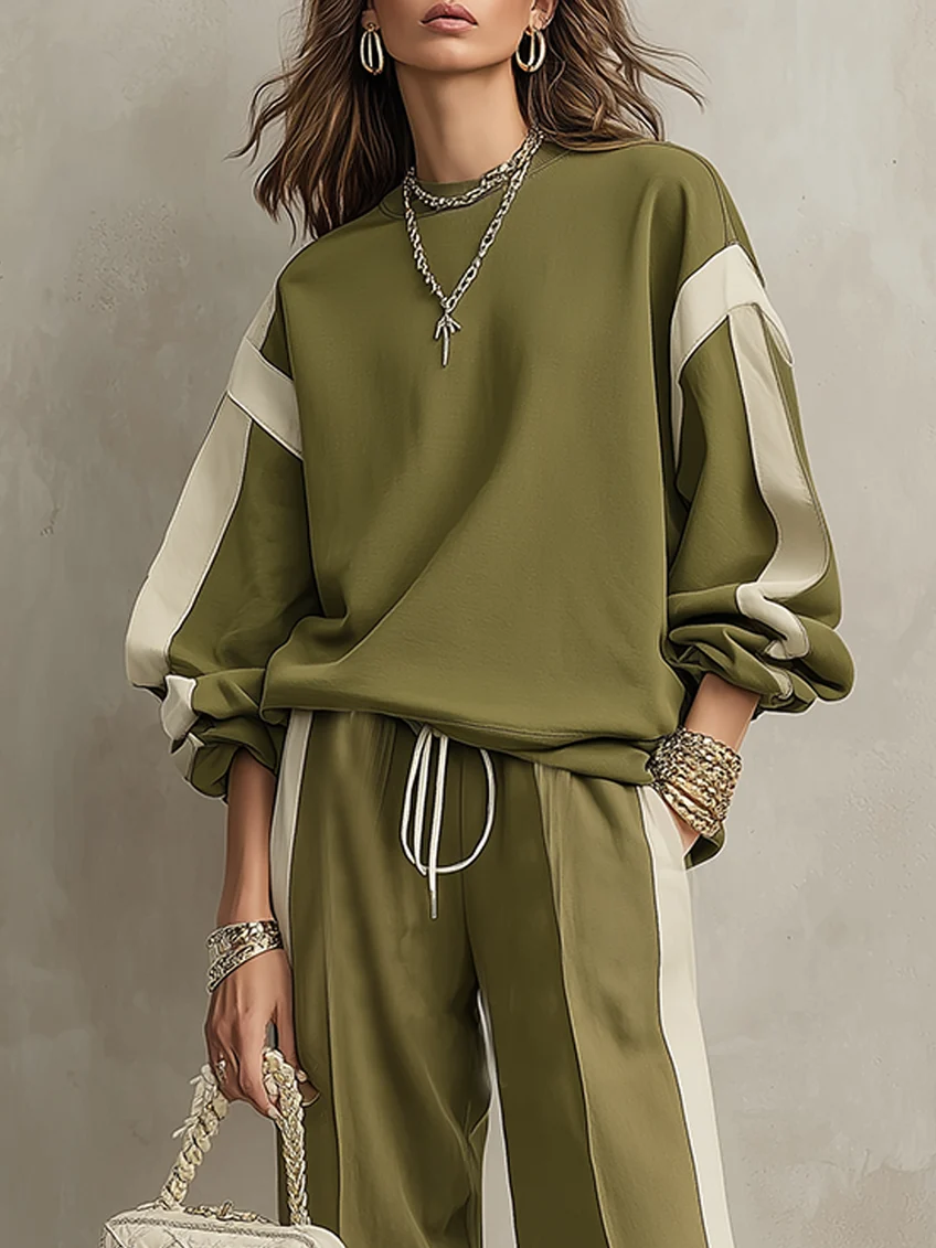 Sonia | Olive Green Crew Neck Sweatshirt and Wide-Leg Drawstring Trousers Casual Set