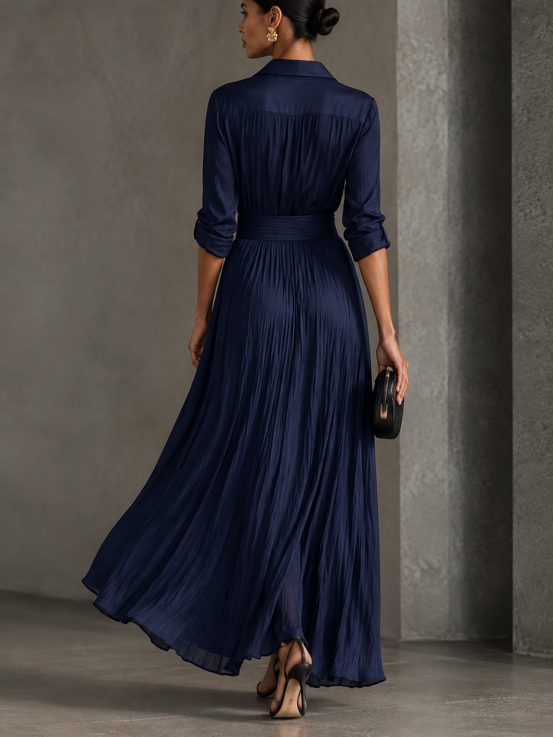 Gabriella | Elegante Abito Camicia Maxi Blu Navy Annodato