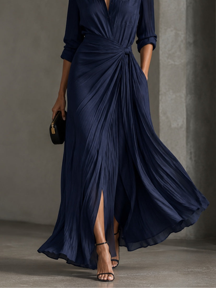 Gabriella | Elegante Abito Camicia Maxi Blu Navy Annodato