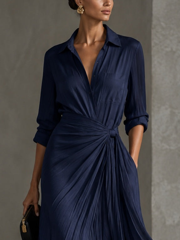 Gabriella | Elegante Abito Camicia Maxi Blu Navy Annodato