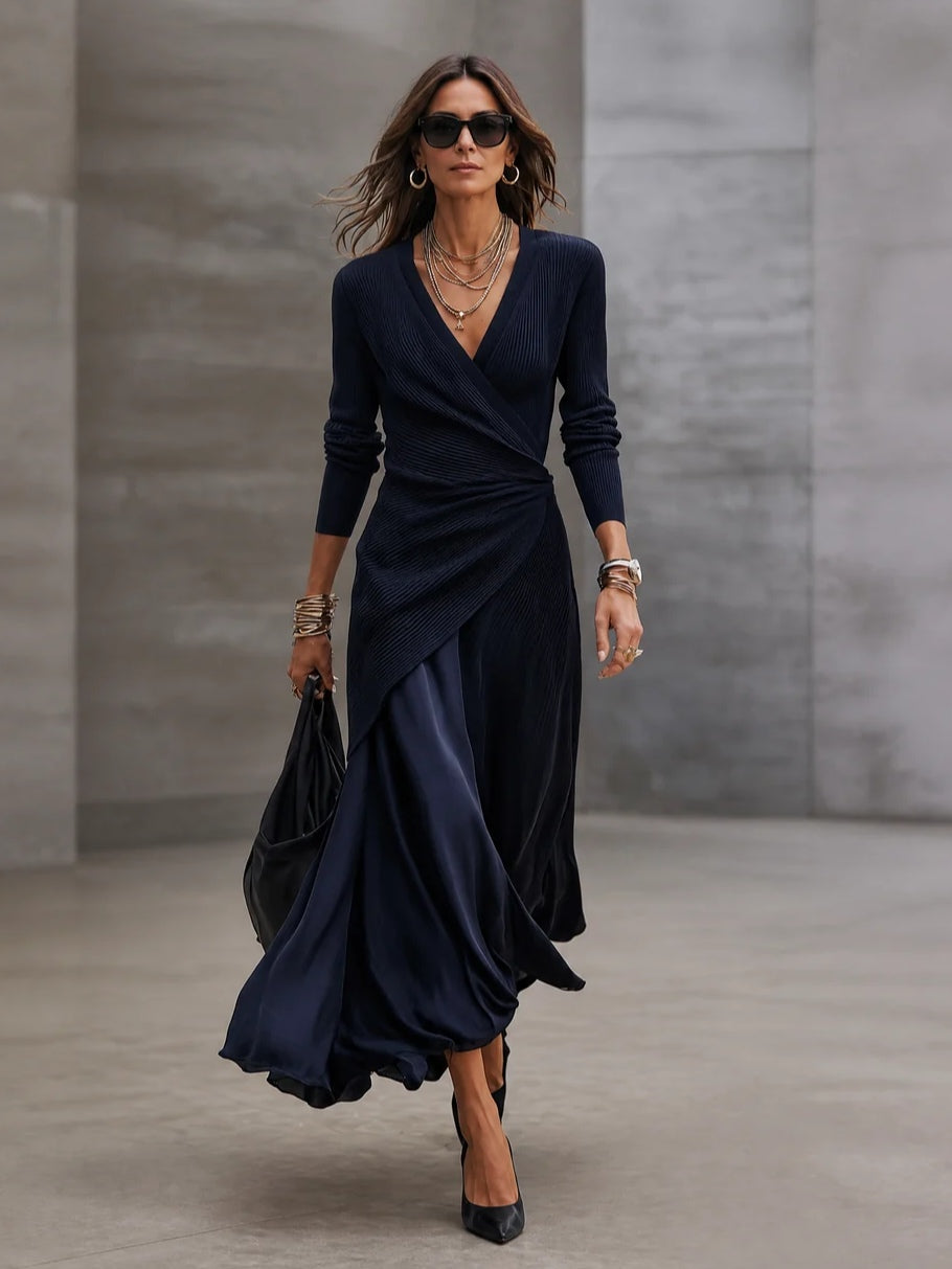 Loredana | Abito Maxi Asimmetrico con Scollatura a V e Pannelli in Raso Blu Navy