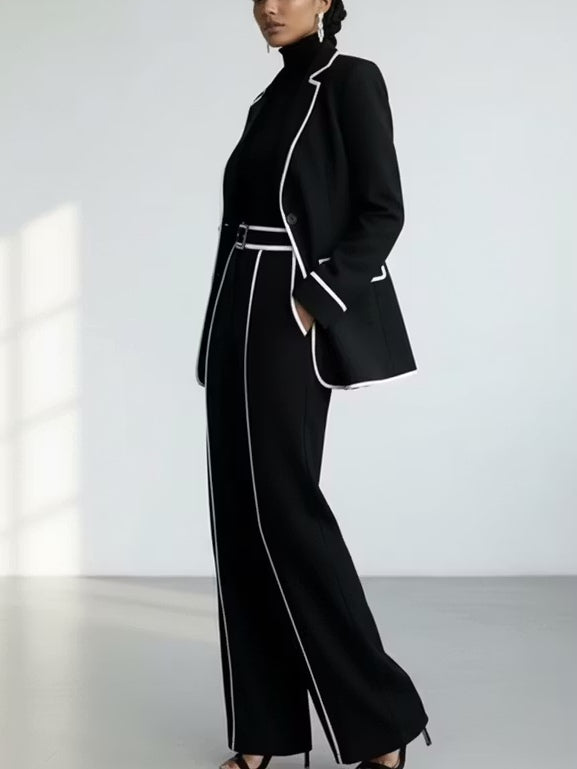 Claudia | Completo Due Pezzi Blazer con Piping a Contrasto Nero e Pantaloni a Gamba Larga