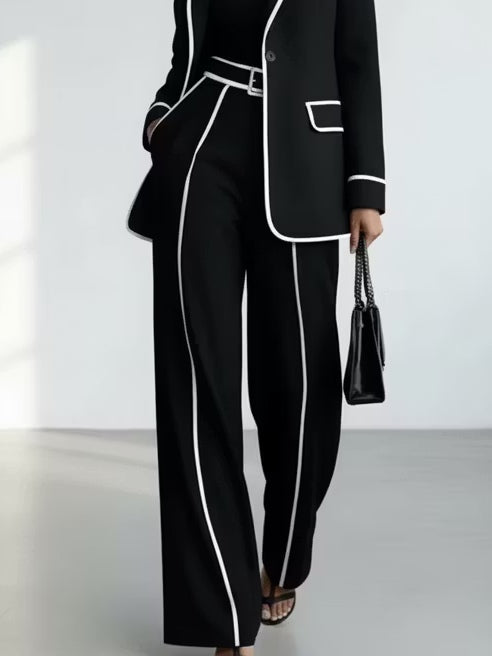 Claudia | Completo Due Pezzi Blazer con Piping a Contrasto Nero e Pantaloni a Gamba Larga