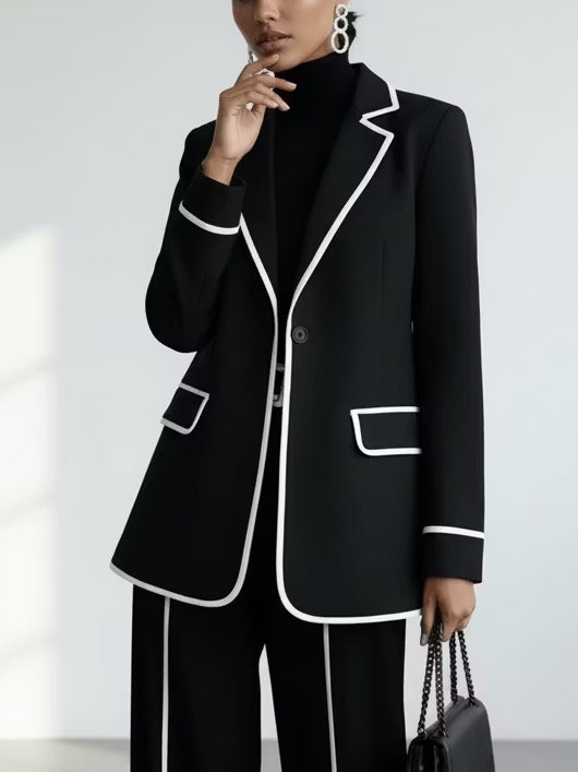 Claudia | Completo Due Pezzi Blazer con Piping a Contrasto Nero e Pantaloni a Gamba Larga