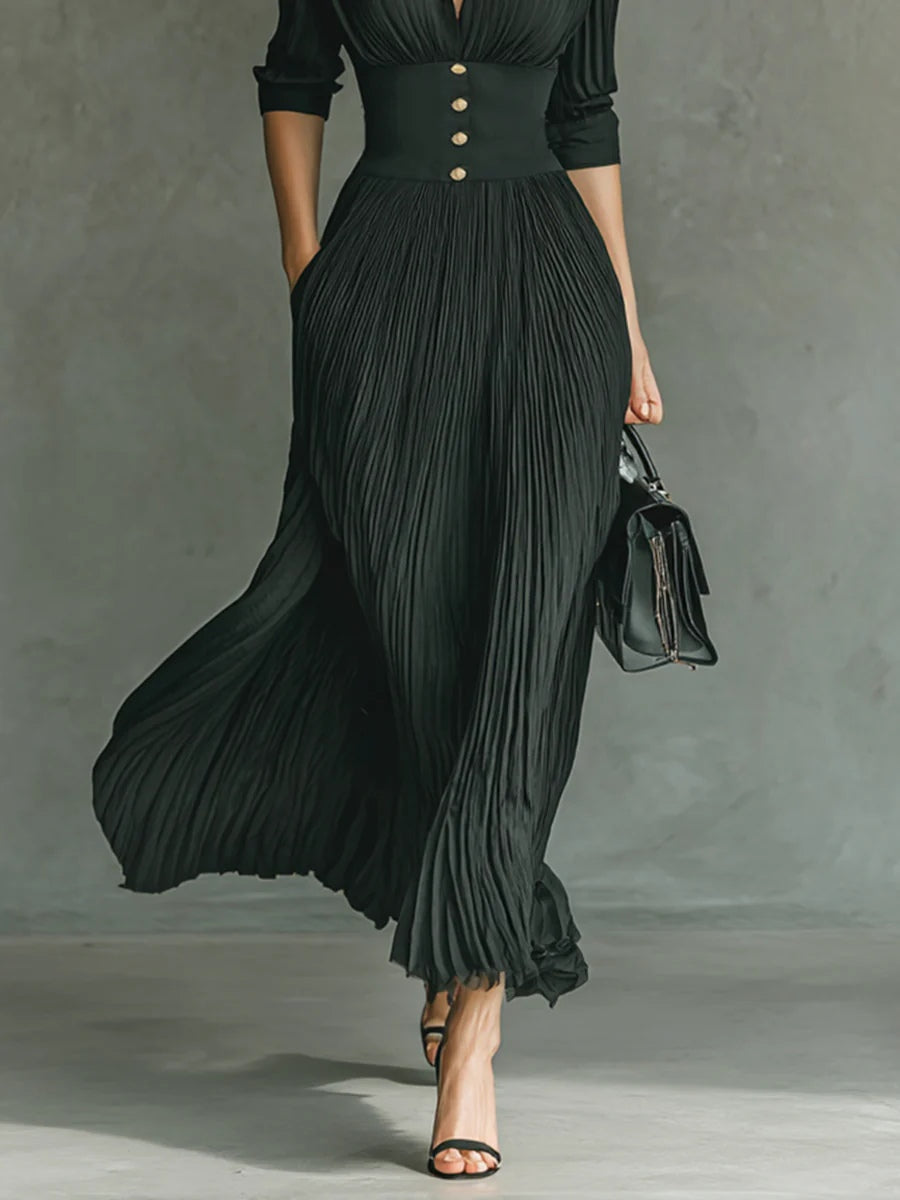 Elvire | High-Waisted Pleated Maxi Dress with Lapels