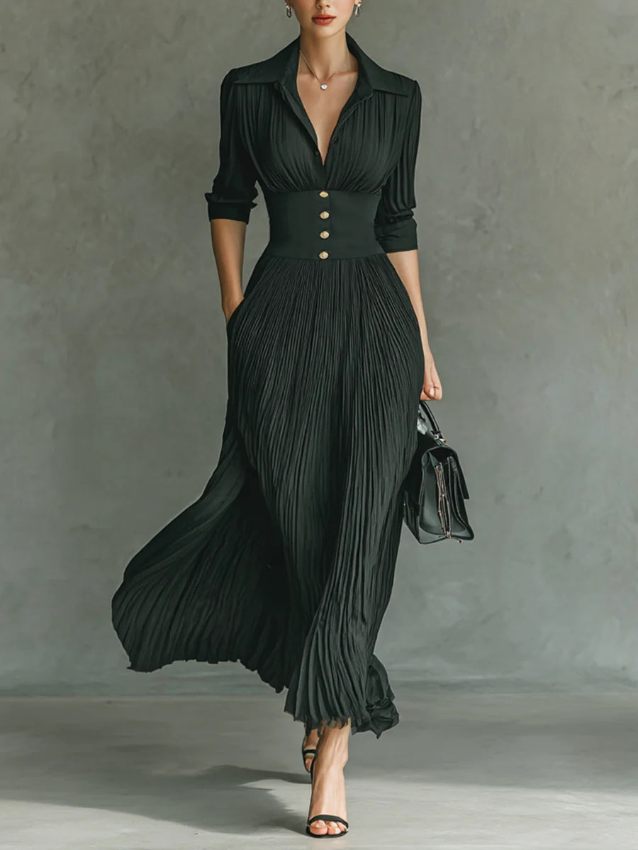 Elvire | High-Waisted Pleated Maxi Dress with Lapels