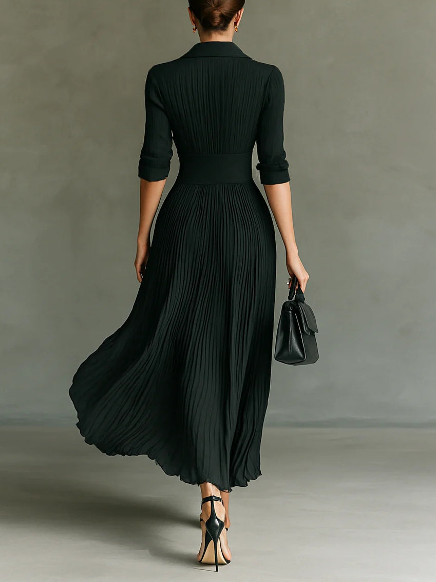 Elvire | High-Waisted Pleated Maxi Dress with Lapels