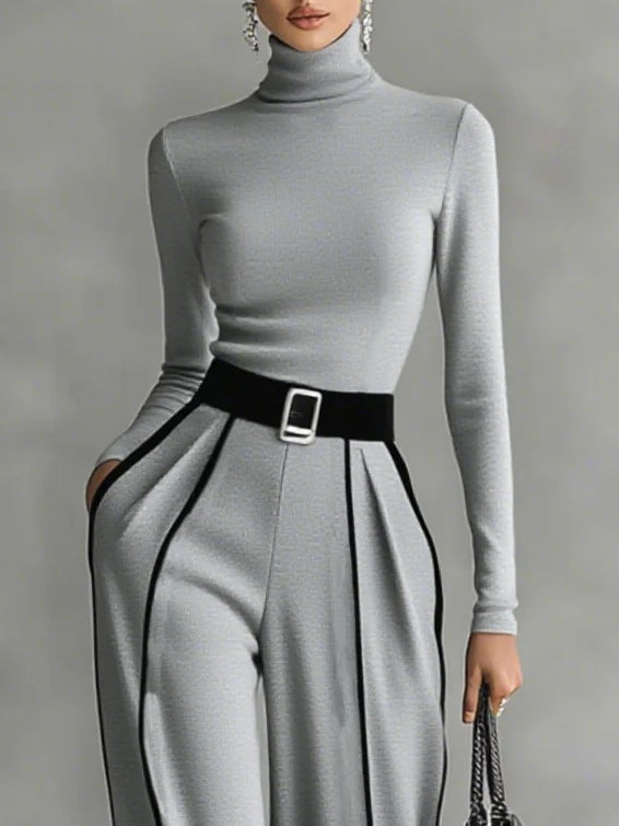 Adèle | High-Neck White-Trim Top and Wide-Leg Trouser Set