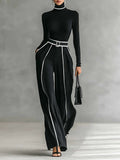 Adèle | High-Neck White-Trim Top and Wide-Leg Trouser Set