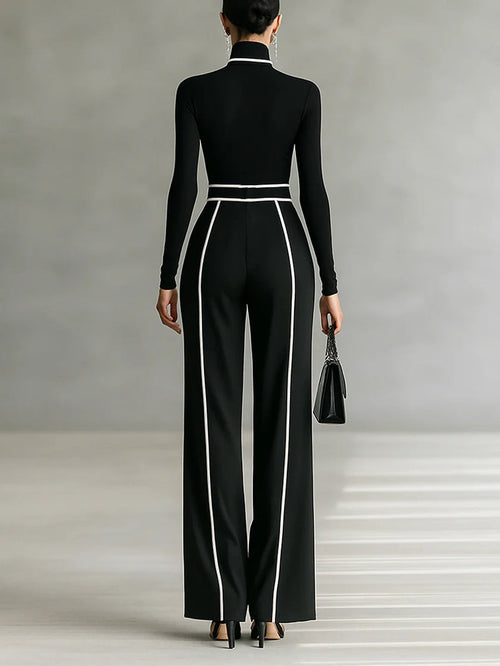 Adèle | High-Neck White-Trim Top and Wide-Leg Trouser Set