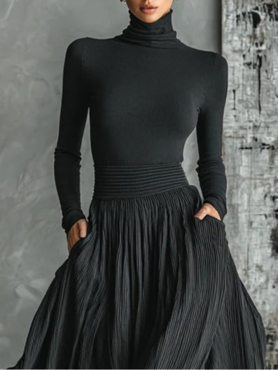 Prudence | Pleated Skirt and Black Roll-Neck Top Set