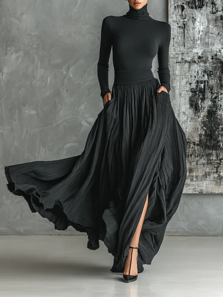 Prudence | Pleated Skirt and Black Roll-Neck Top Set