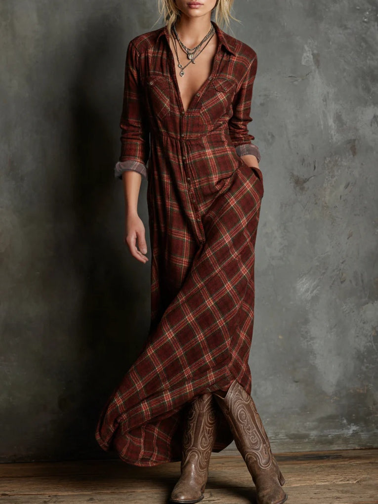 Margaux | Vestido camisero largo con cuello de cuadros vichy verde
