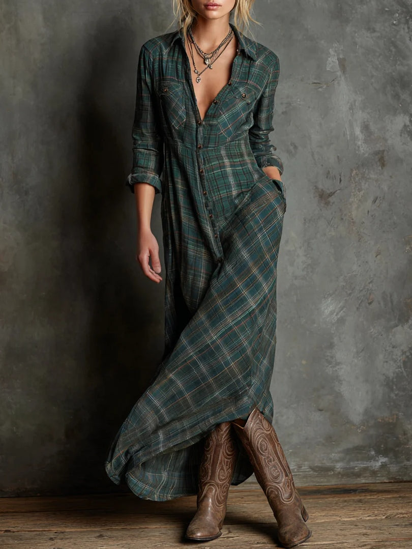 Margaux | Maxi Shirt Dress with Green Gingham Collar