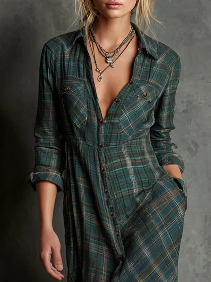 Margaux | Maxi Shirt Dress with Green Gingham Collar