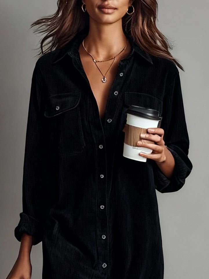 Béatrice | Corduroy Midi Dress with Pockets and Single Button