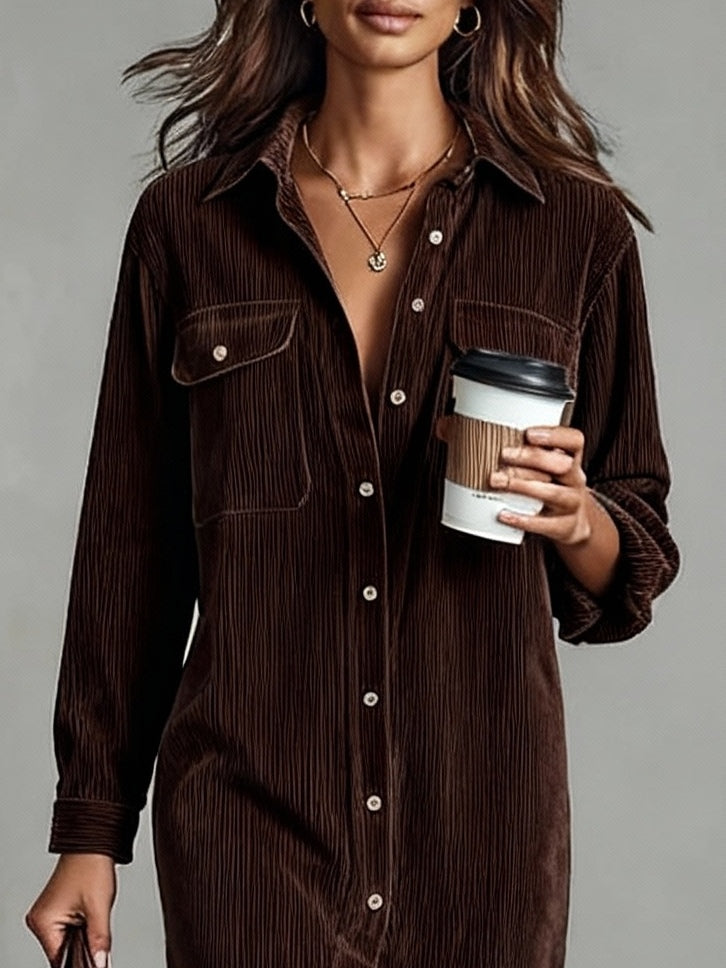 Béatrice | Corduroy Midi Dress with Pockets and Single Button