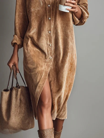Béatrice | Corduroy Midi Dress with Pockets and Single Button