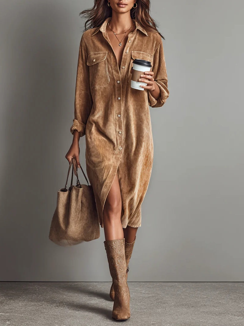 Béatrice | Corduroy Midi Dress with Pockets and Single Button