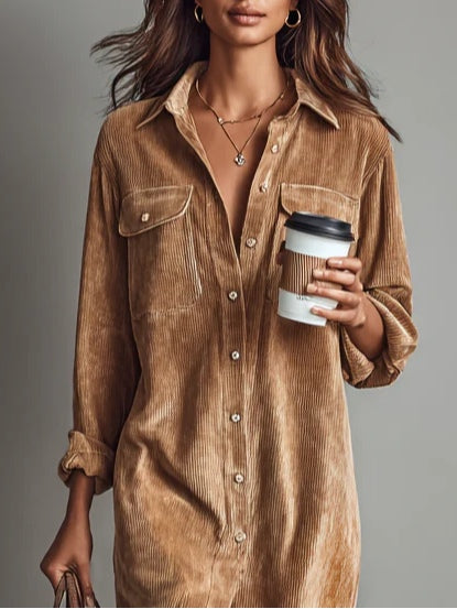 Béatrice | Corduroy Midi Dress with Pockets and Single Button