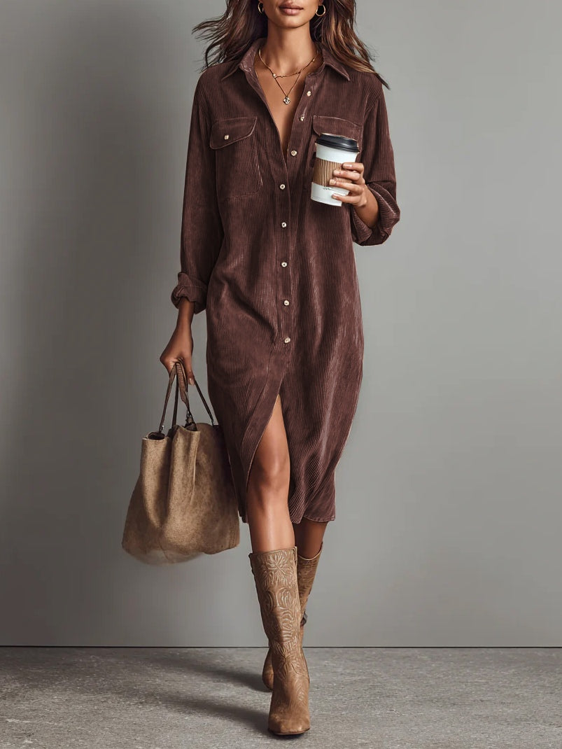 Béatrice | Corduroy Midi Dress with Pockets and Single Button