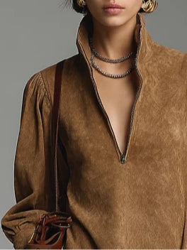 Silvia | Mini Abito in Suede Marrone Ampio con Zip e Collo Alto