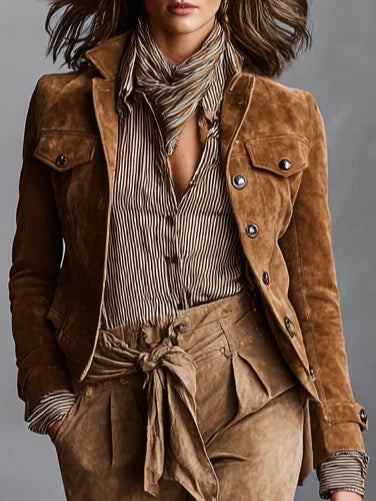 Matilde | Giacca Corta in Scamosciato Marrone con Revers