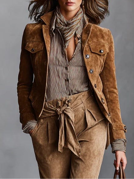 Matilde | Giacca Corta in Scamosciato Marrone con Revers