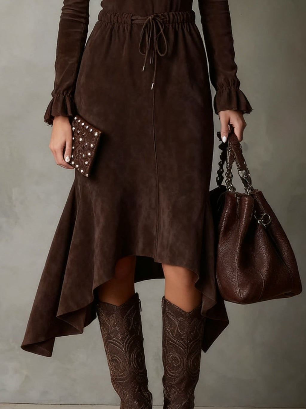 Laura | Abito Midi Elegante in Suede Marrone Scuro con Coulisse