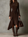 Laura | Abito Midi Elegante in Suede Marrone Scuro con Coulisse