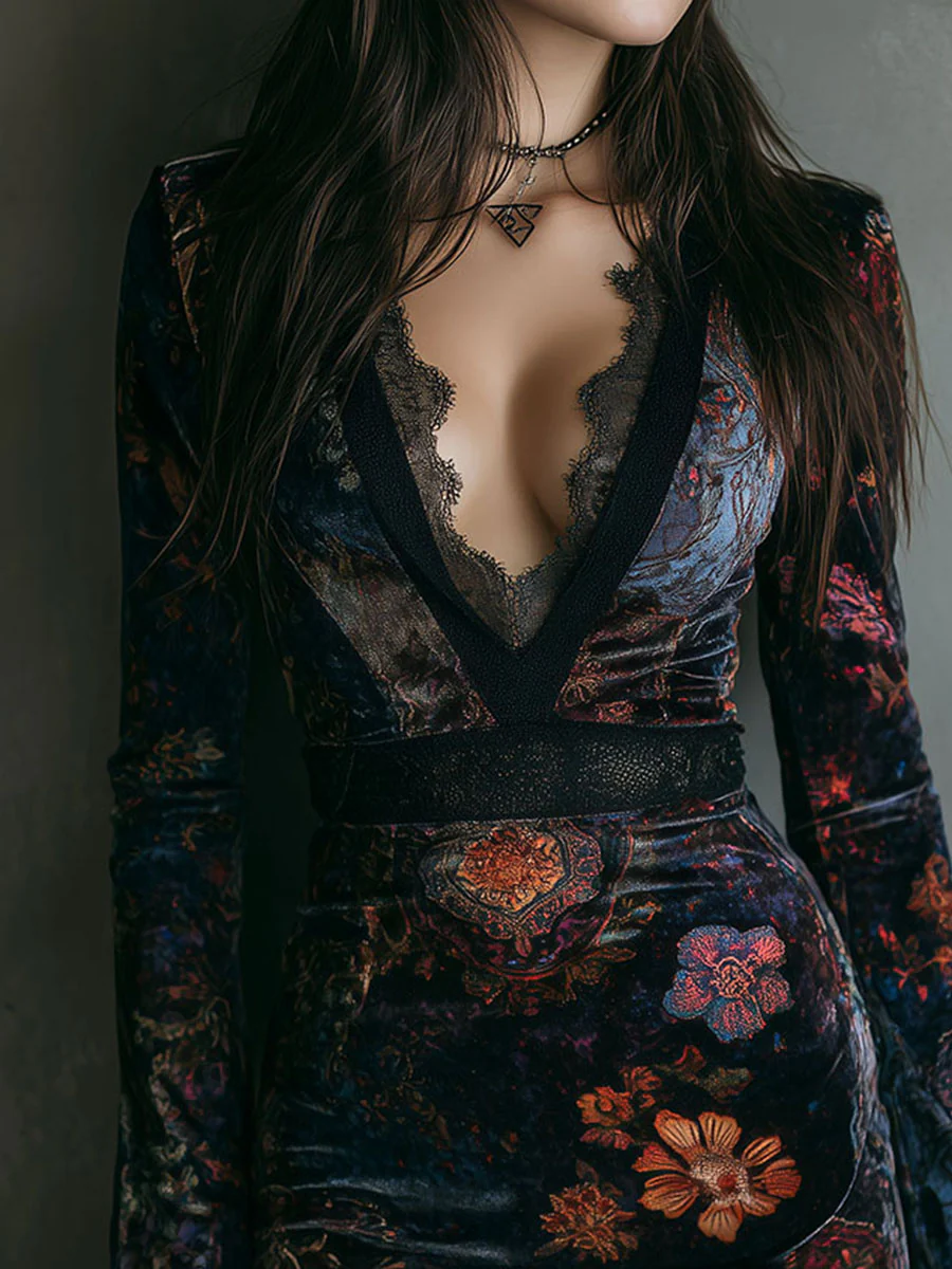 Iris | Fitted Velvet Mini Dress with Lace and Floral Print