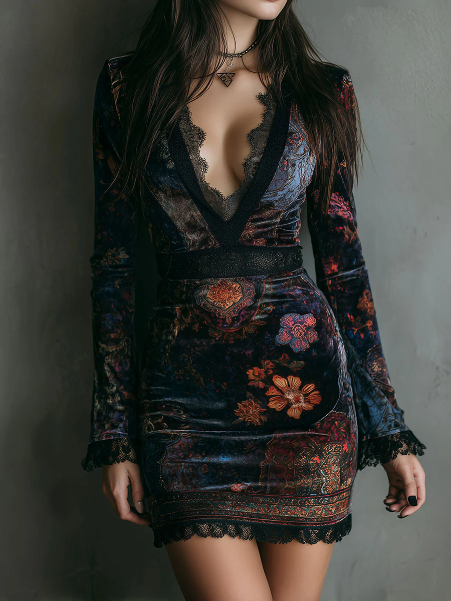 Iris | Fitted Velvet Mini Dress with Lace and Floral Print