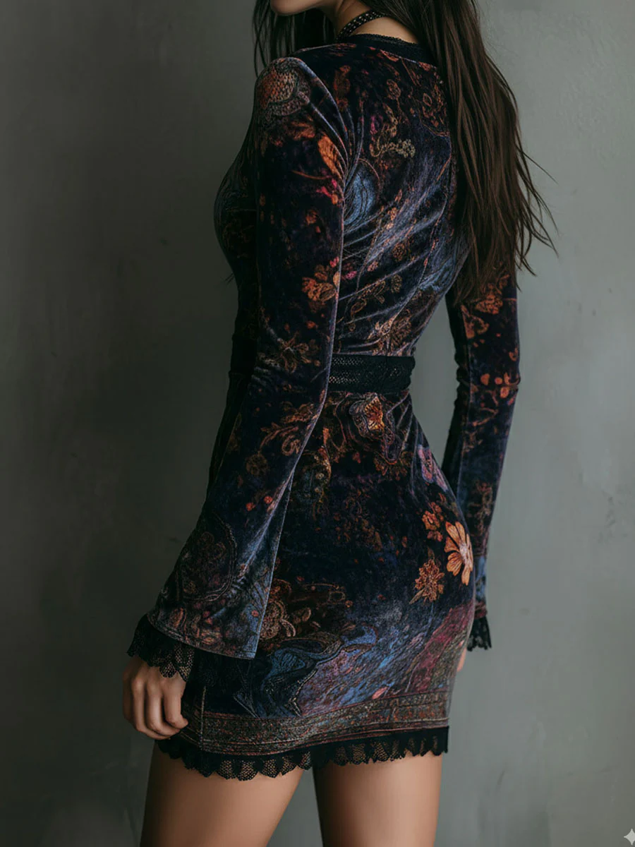 Iris | Fitted Velvet Mini Dress with Lace and Floral Print