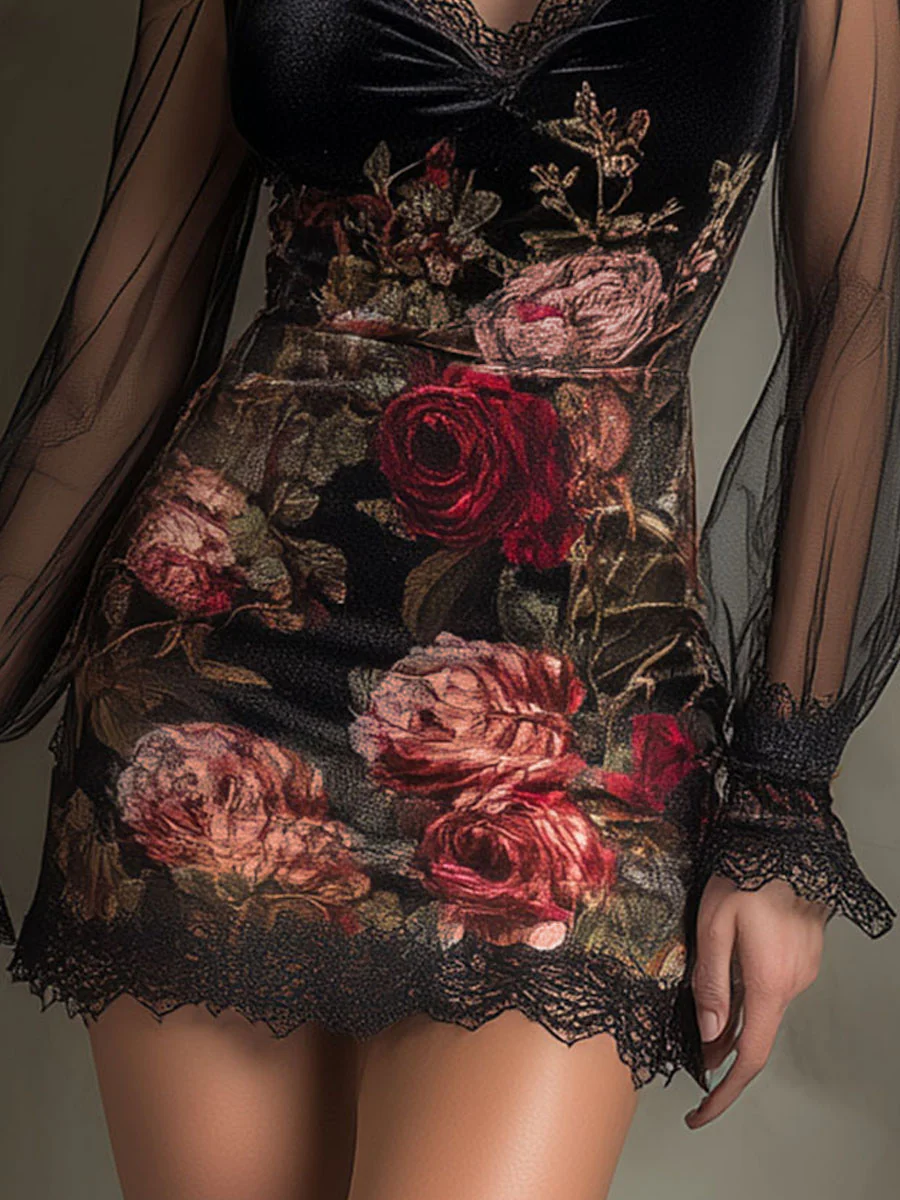 Églantine | Tulle Mini Dress with Rose Print and Lace