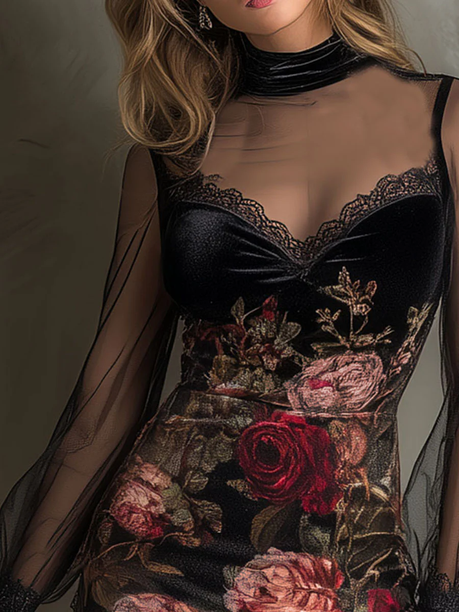 Églantine | Tulle Mini Dress with Rose Print and Lace