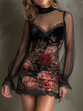 Églantine | Tulle Mini Dress with Rose Print and Lace