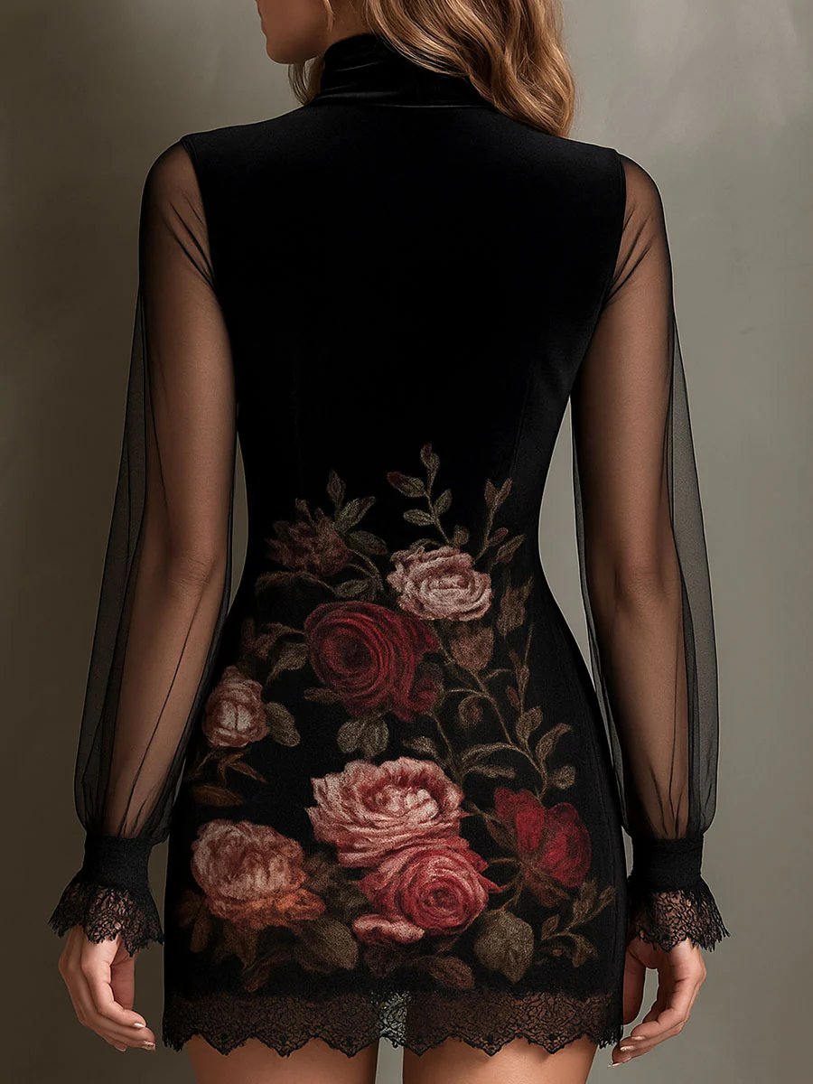 Églantine | Tulle Mini Dress with Rose Print and Lace